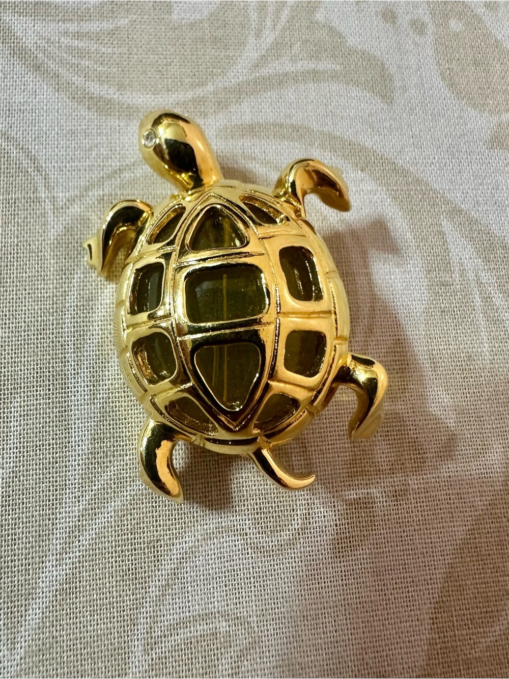 Gold Turtle Brooch with Green Enamel Shell